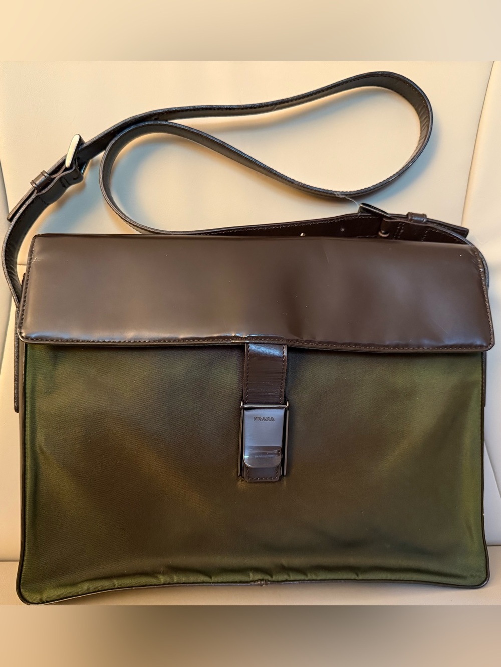 Vintage Prada Olive Tessuto Nylon & Brown Leather Shoulder Bag Authenticated